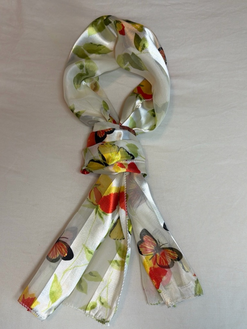 White Floral & Butterfly Satin-Feel Scarf in Red and Yellow